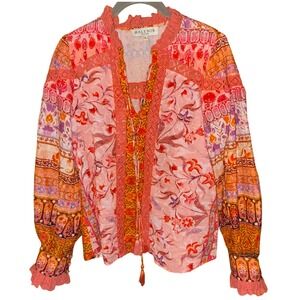 Hale Bob Boho Floral Embroidered‎ Tassel Blouse Pink Orange Size Small